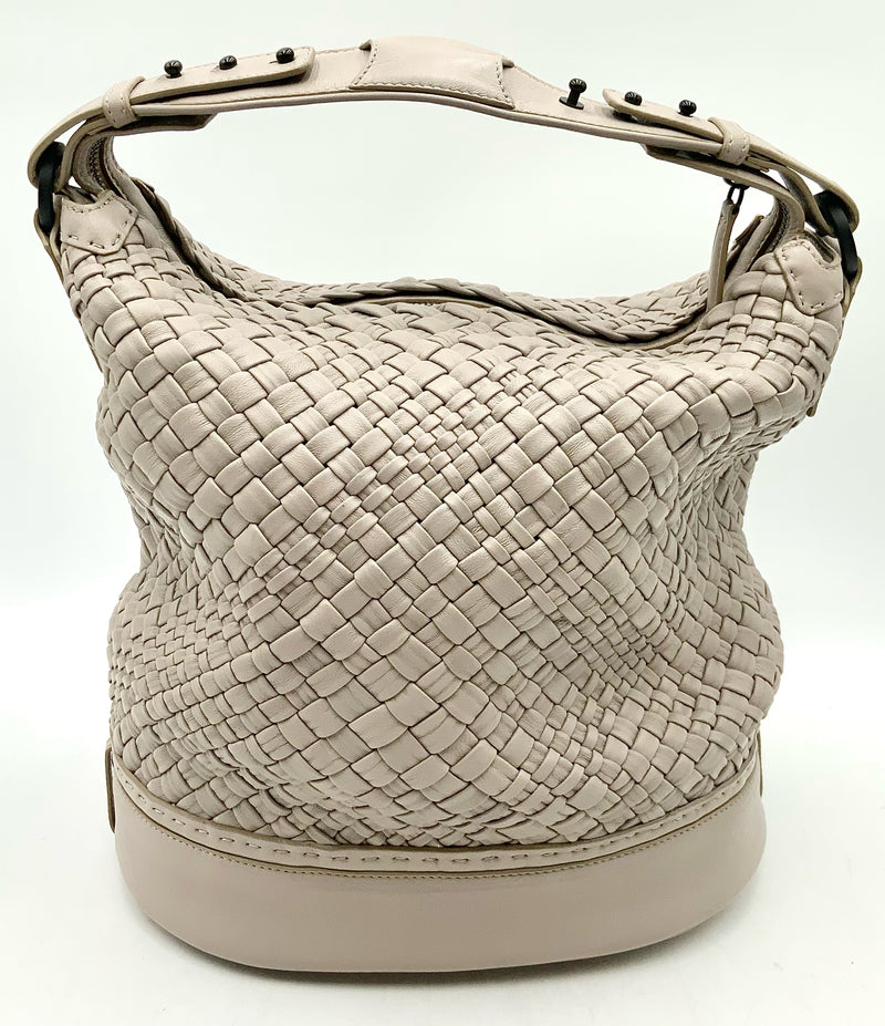 FALOR Italy Grey Woven Leather Bucket Handbag