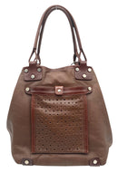 Brown Leather Perforated Detail Top Handle Satchel