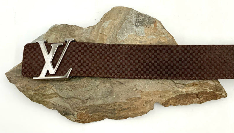 LOUIS VUITTON Brown Suede Mini Damier Initiales Buckle Belt 85cm