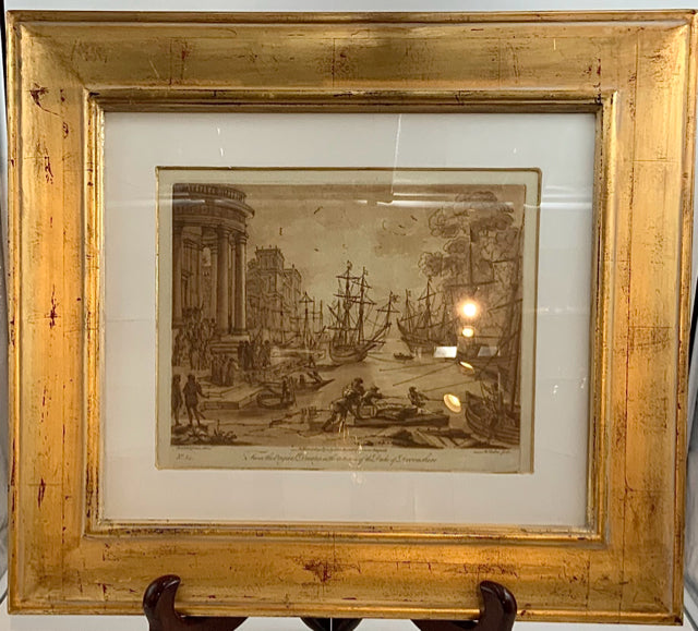 Sepia Print of Sailboats in Harbour in Gold Frame