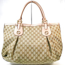 GUCCI Tan Leather Beige GG Canvas Gold Studded Large Scarlett Shoulder Bag