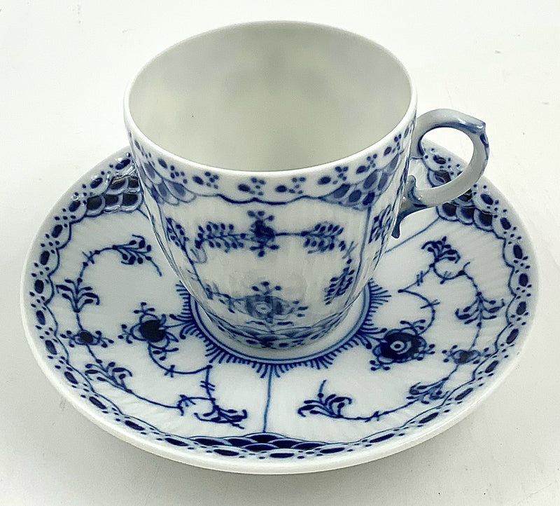 Set/8 Royal Copenhagen Blue Fluted Full Lace Cups & Saucers