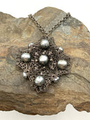 MIRIAM HASKELL Silver Tone Glass Pearl Filigree Pendant Necklace