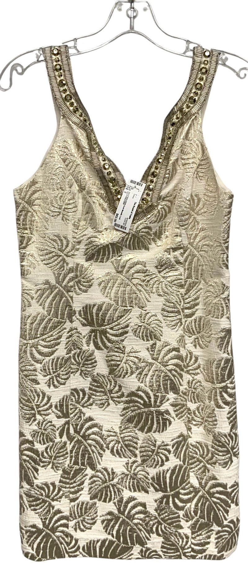 LILLY PULITZER Gold Metallic Leaf Print w/Beaded Neckline S/L Dress
