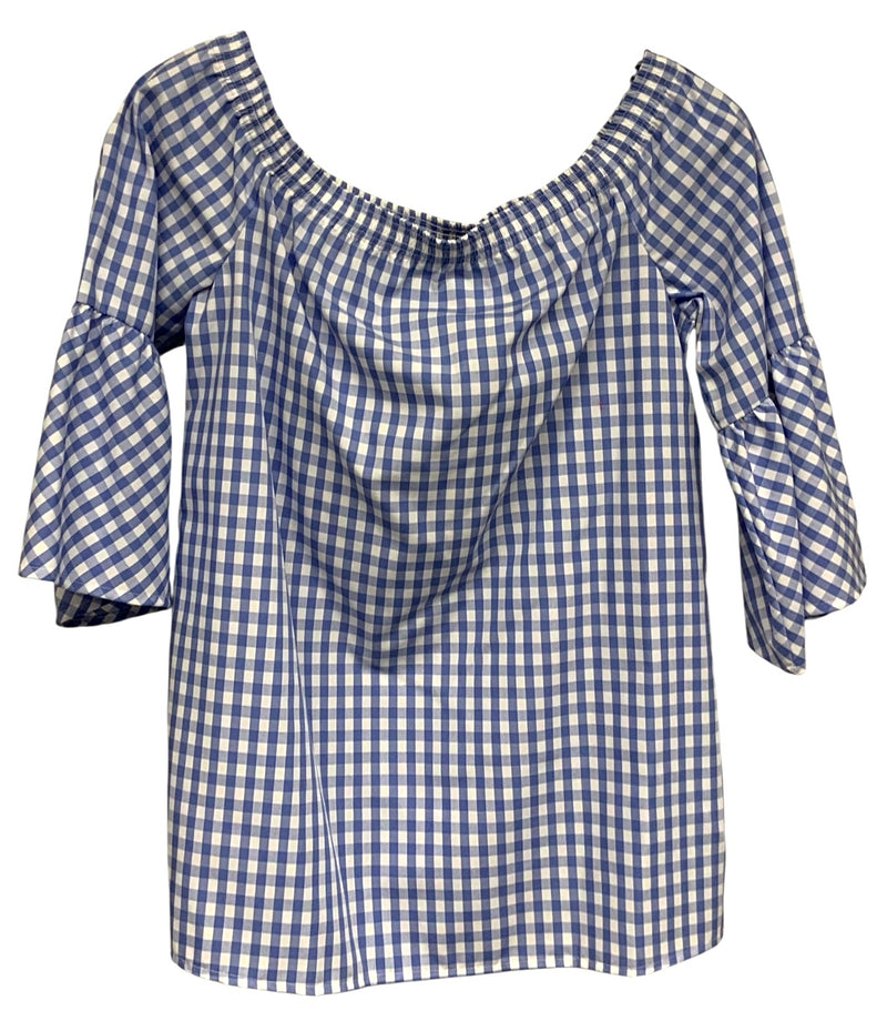 HINSON WU Blue/White Gingham Check Bell Sleeve Top