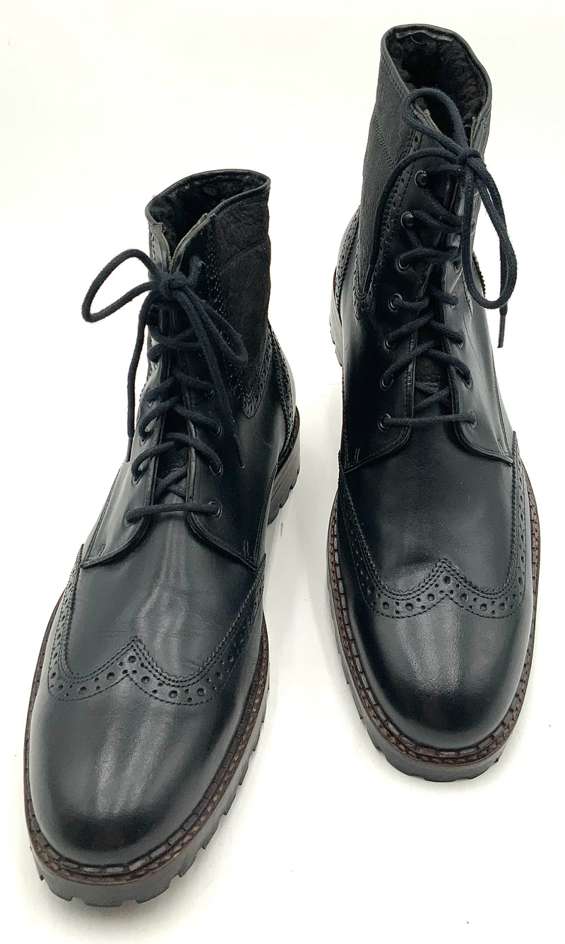 JOHNSTON & MURPHY Black Perf Leather Shearling Lined Lace up Boots 11