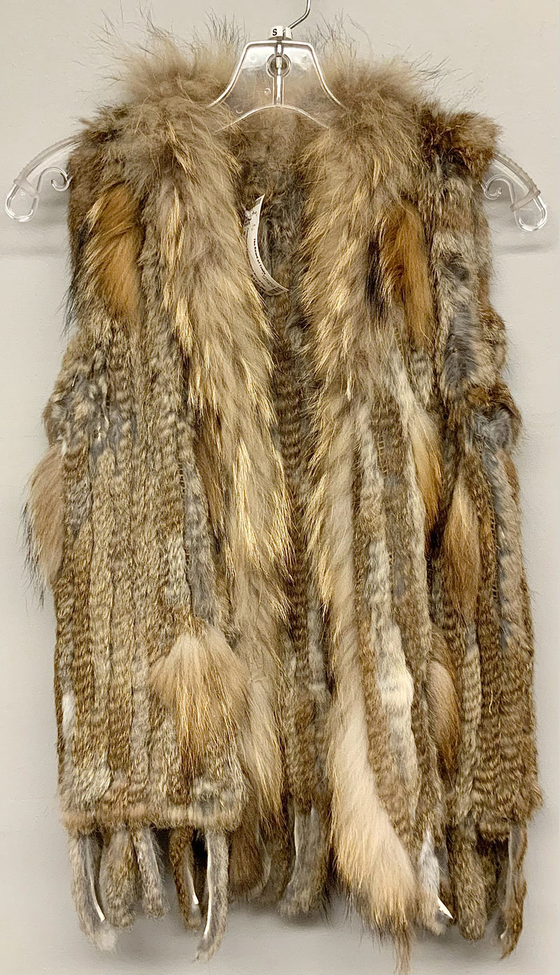 Tan/Brown/ Taupe Knitted Rabbit Fur Fringed Vest