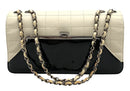 CHANEL Vintage Ivory Quilted Lambskin Leather Black Patent Flap Bag 2005-2006