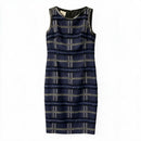 AKRIS Black/Blue/Grey Textured Plaid w/Black Patent Trim S/L Wool Blend Dress