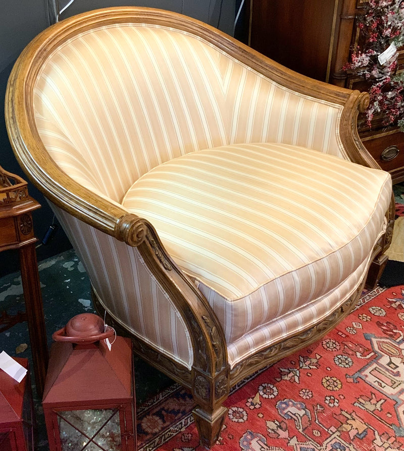 Oversized Carved Wood Armchair with Striped Upholstery