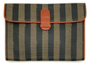 FENDI Vintage Chestnut Leather Trim Black Tan Pequin Stripe Large Portfolio