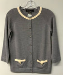 COACH Grey w/Cream Trim & Logo Buttons L/S Merino Wool Sweater