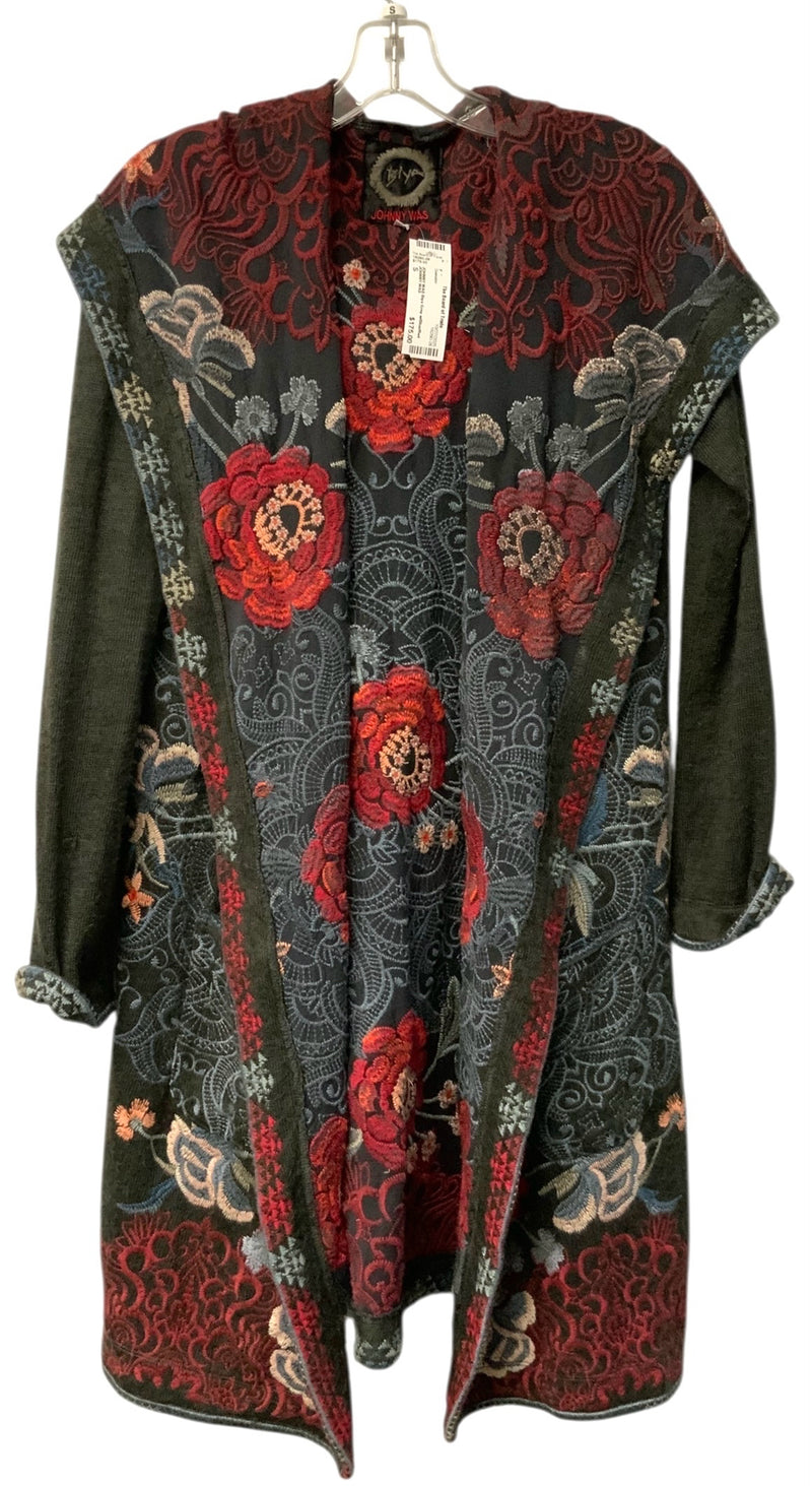 JOHNNY WAS Biya Grey w/Blue/Red Floral Embroid Hooded Sweater/Jacket