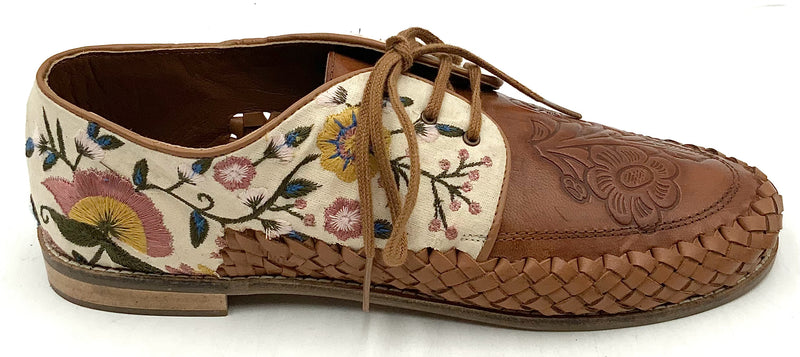 LAIDBACKLONDON Tan Tooled Leather Floral Embroidered Canvas Oxford Shoes 9