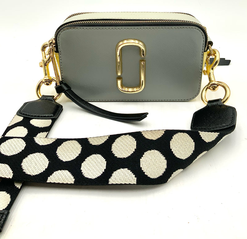 MARC JACOBS Grey Black Yellow Beige Polka Dot Strap Snapshot Crossbody Bag
