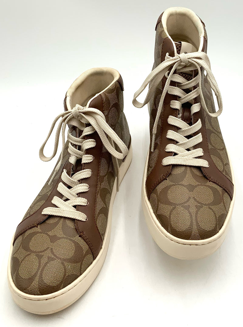 COACH Tan/Brown Coated Lea Signature New York Clip High Top Sneakers 11.5