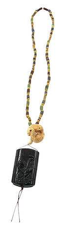 Powder Glass Bead Necklace w/Carved Wood Inro & Netsuke Pendant