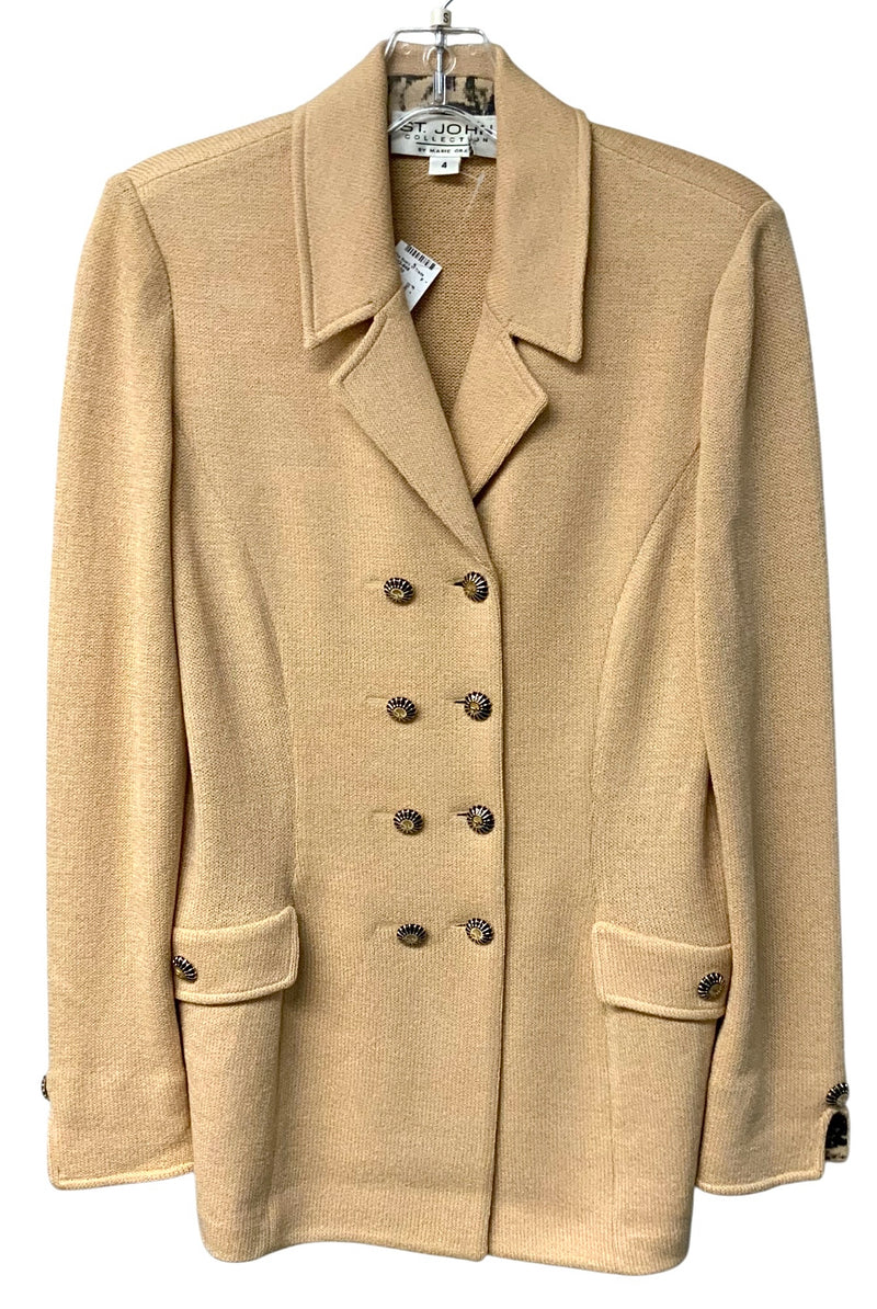 ST JOHN Camel Knit Black Leopard Cuff Enamel Button Dbl Breasted Long Jacket