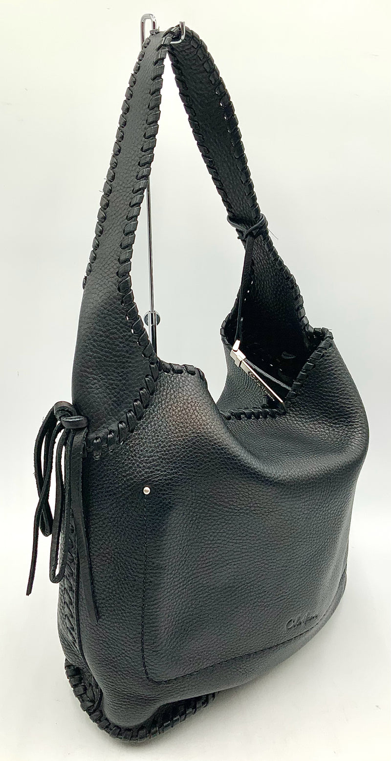 COLE HAAN Black Pebbled Leather Whipstitch Shoulder Bag