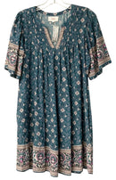 XIRENA Turq/White/Pink Print Pintuck V-Neck S/S Dress