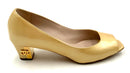 CHANEL Gold Patent Leather Low Heel Open Toe Pumps 9C