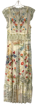 JOHNNY WAS Sheer Mesh w/Multi Floral Embroid Smocked Waist "Merie" Maxi Dress