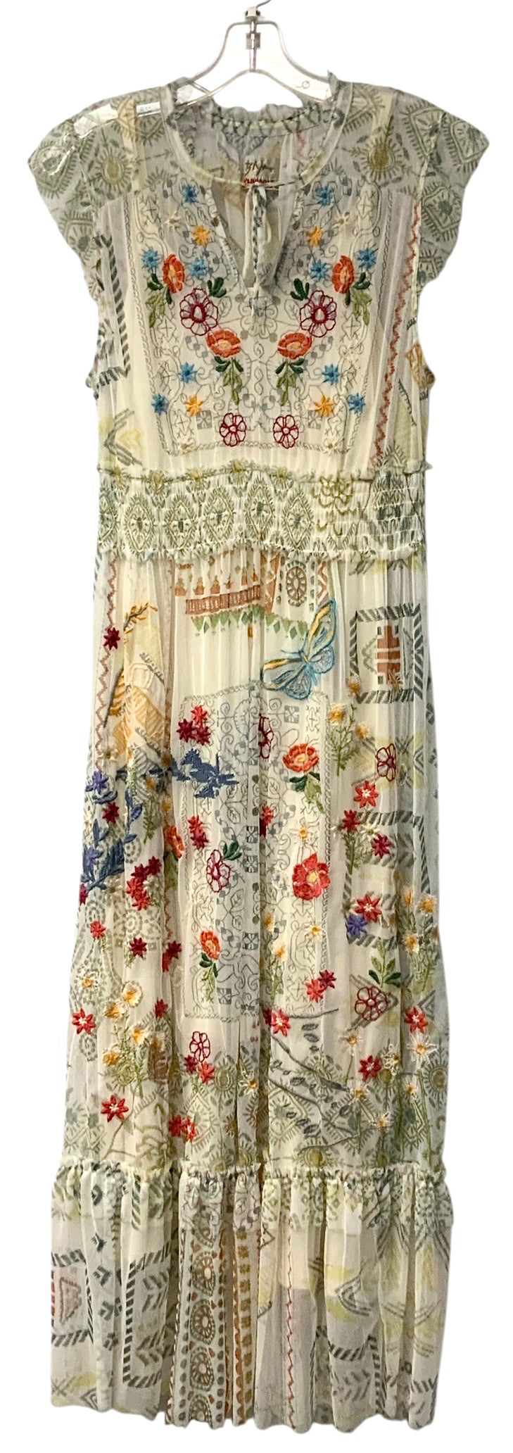 JOHNNY WAS Sheer Mesh w/Multi Floral Embroid Smocked Waist "Merie" Maxi Dress