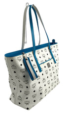 MCM White Black Coated Canvas Visetos Blue Trim Anya Tote