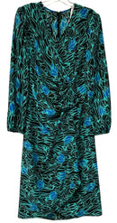 DIANE VON FURSTENBERG Turq/Blue/Black Floral Pleated Front V-Neck L/S Dress