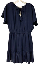 OUT OF OFFICE Navy Tie Neck Elastic Waist "Mahalo" S/S Dress