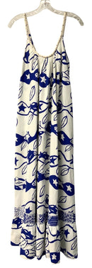 FARM RIO White Royal Blue Linen Pitta Waved Beaded Rope Strap Maxi Dress