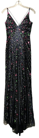 Tiffany Designs Black Beaded Mesh Overlay Open Back Gown
