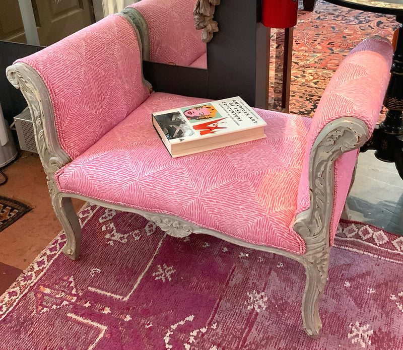 Rolled Arm Vanity Bench with Pink Stripe Upholstery