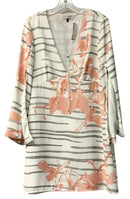 HALSTON White Grey Pink Orchid Print V Neck Slit Sleeve Dress