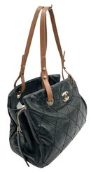 CHANEL Vintage Black Quilted Leather Brown Strap Tote