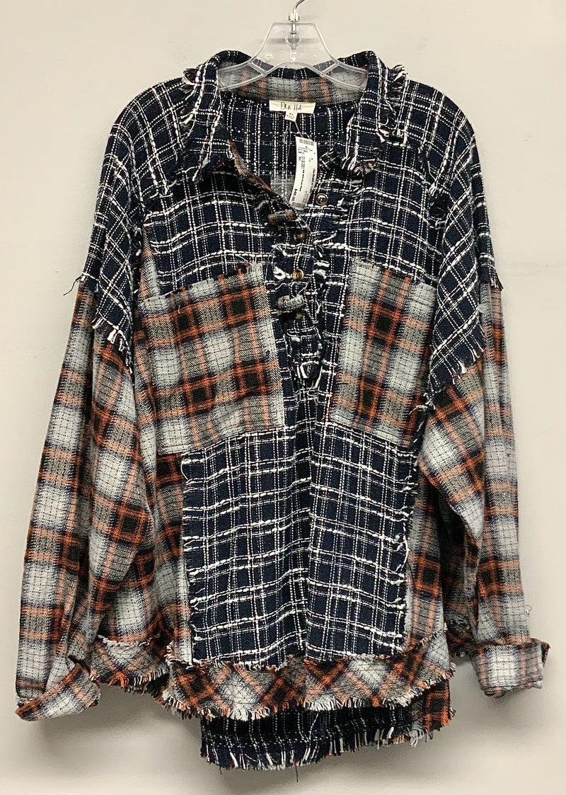 OLI & HALI Blk Wht Rust Plaid Patchwork Raw Edge L/S B/D Top