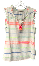 VINEYARD VINES White Neon Multi Stripe Cotton Tie Neck S/L Top