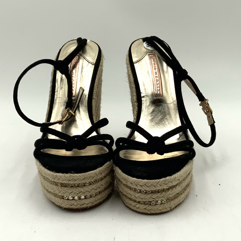 SOPHIA WEBSTER Black Suede Crystal Inset Espadrille Alina Wedge Sandals 38