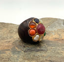 Wooden Ring w/Ruby, Coral, Amber Pearl & More Multi Gems