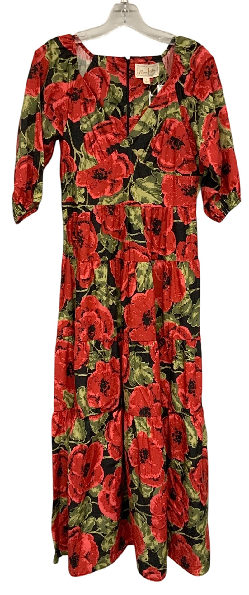 FLORA BEA Red/Green/Black Floral V-Neck Tiered Maxi Dress