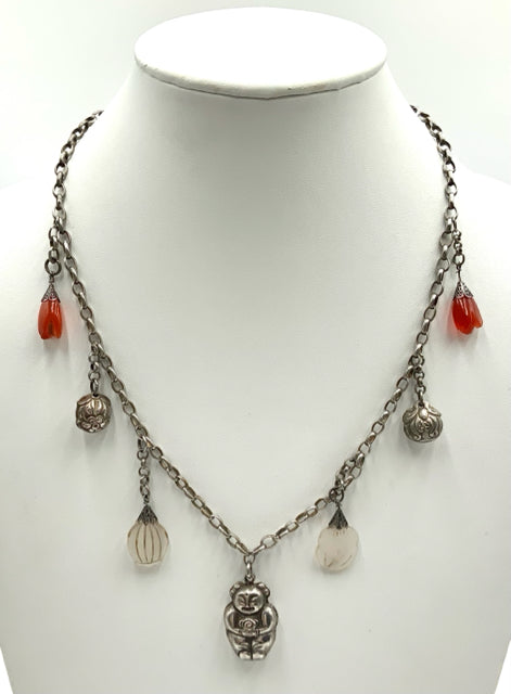 Antique Chinese Sterling, Carnelian & Jade Necklace