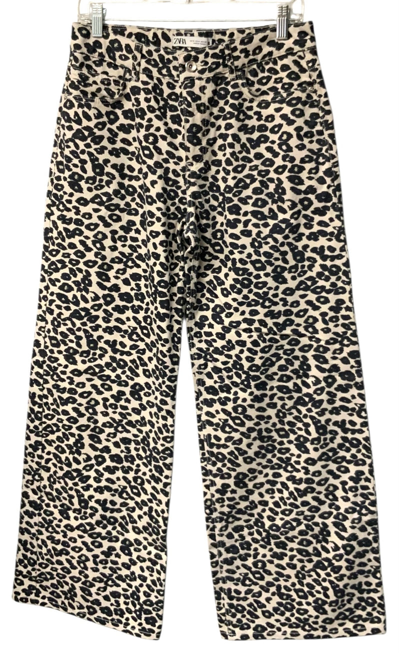 ZARA Black/White Animal Print Wide Leg Jeans