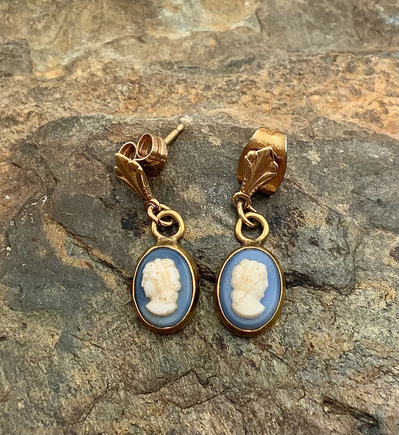 14kt Gold, Goldtone & Blue/White Porcelain Cameo Earrings
