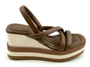 PALOMA BARCELO Brown Leather Cream Striped Wedge Sandals 9