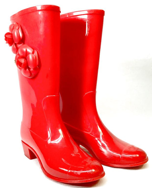 CHANEL Red Rubber Camellia Flower Rain Boots 38