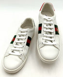GUCCI White Leather Red Green Stripe Embroidered Bee Flame Red Embossed Sneakers