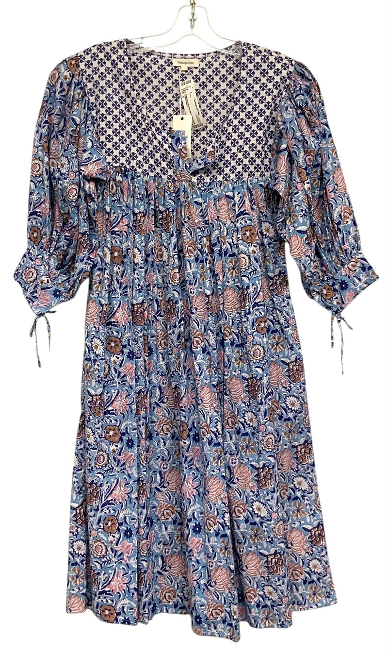 POMEGRANATE Blue/White/Pink Floral Tie Sleeve Split Neck Dress