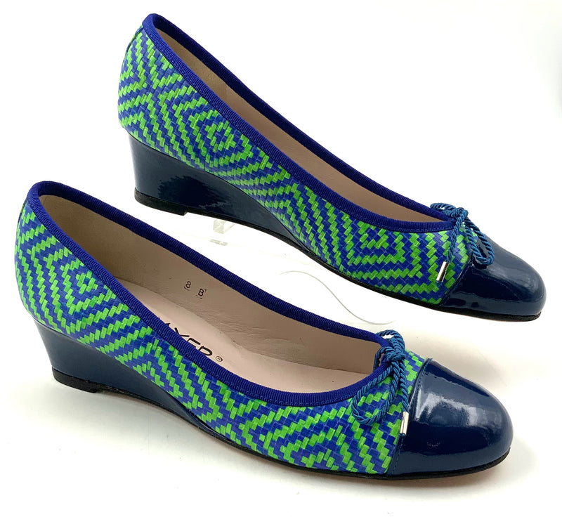 PAUL MAYER Blue Green Geometric Leather Patent Toe Wedges 8
