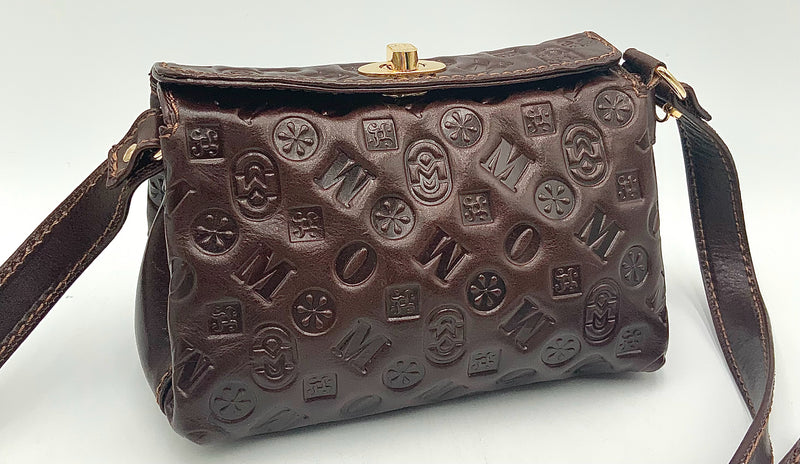 MARINO ORLANDI Brown Leather Embossed Logo Turnlock Crossbody Bag