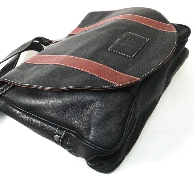 MORGAN GRAYS Black & Brown Grained Leather Flap Satchel